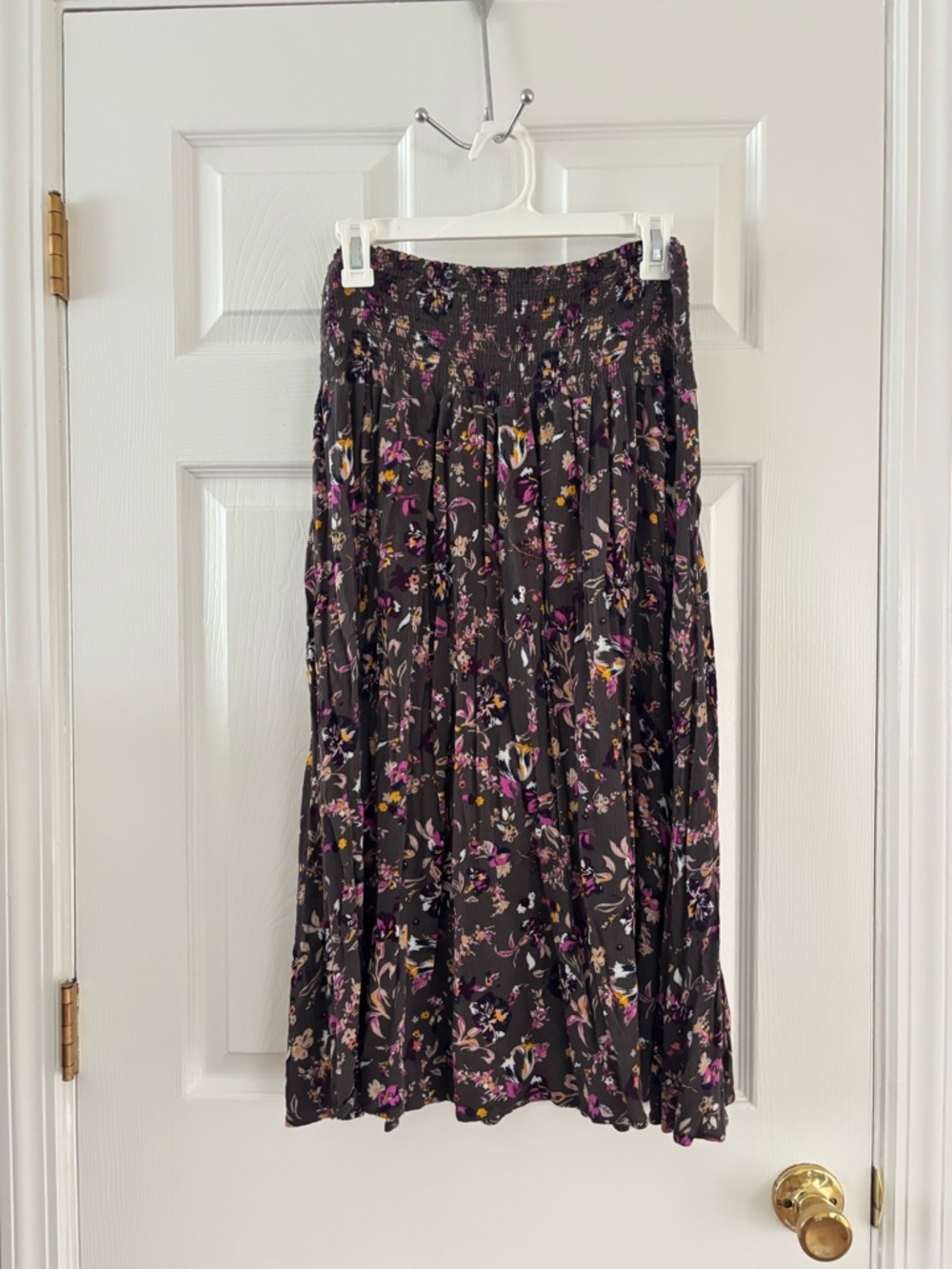 Susina Black Floral Smocked Midi Skirt with Pink & Yellow Florals